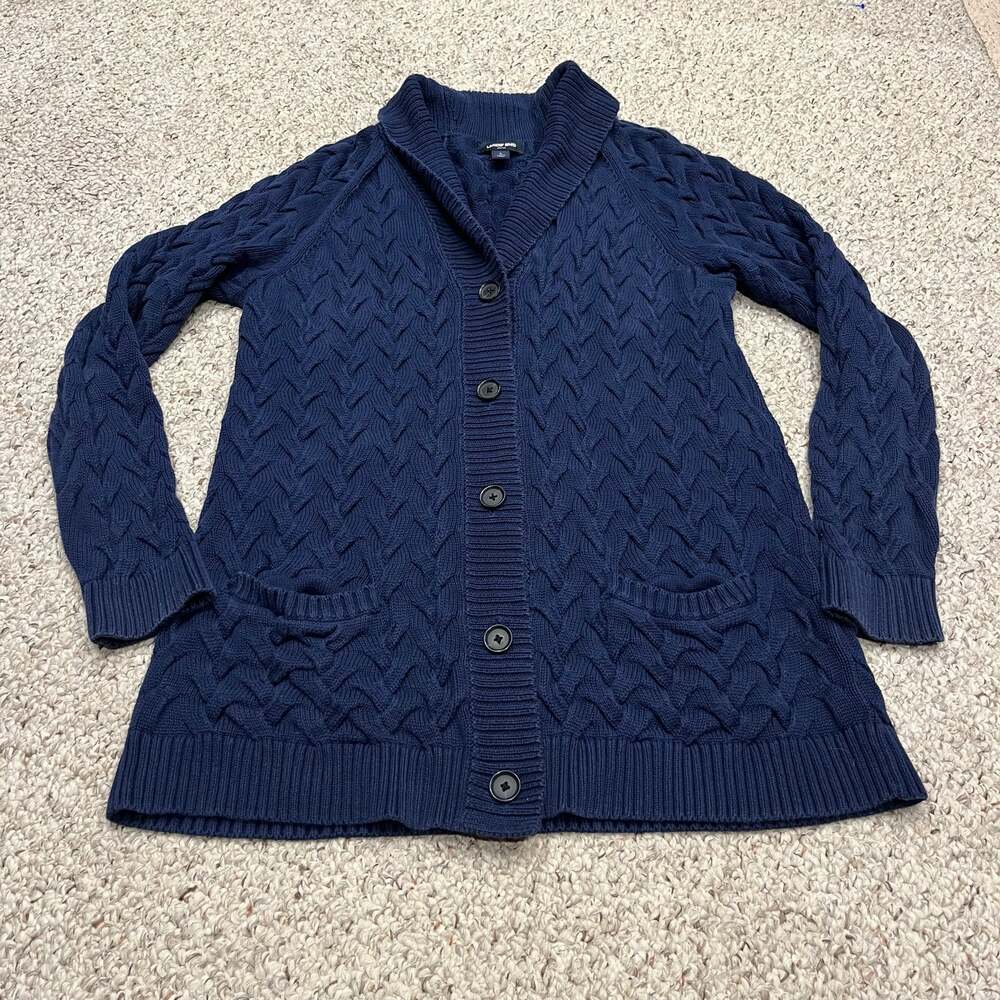 Lands End Drifter Long Cardigan Sweater L Navy Blue Shawl Collar Preppy Casual